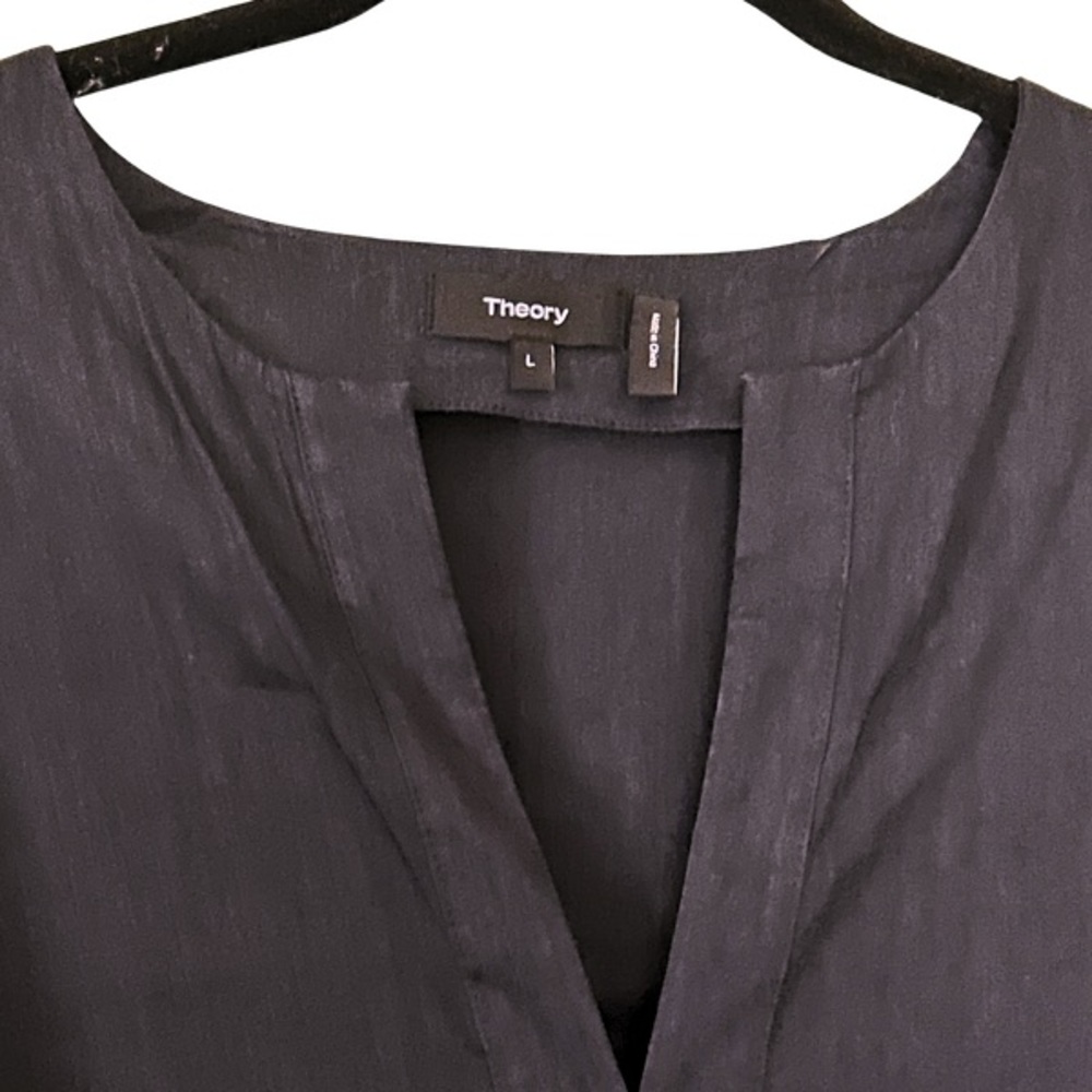 Theory Navy Blue Split V-Neck Short Sleeve Linen Dress, Large - Picture 3 of 7